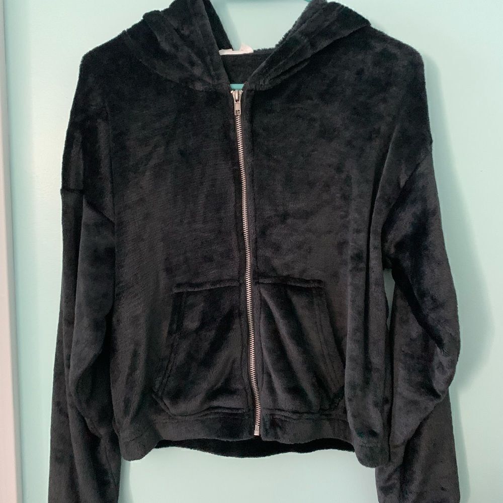 Hippie Rose medium velour black zip hoodie sweatshirt